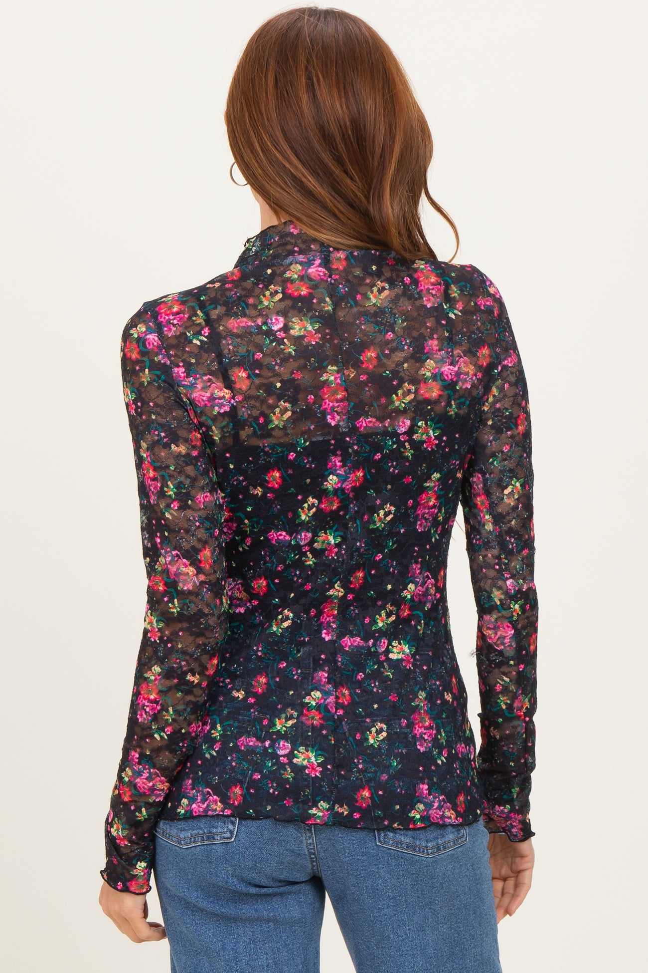 Black Floral Lace Long Sleeve Top