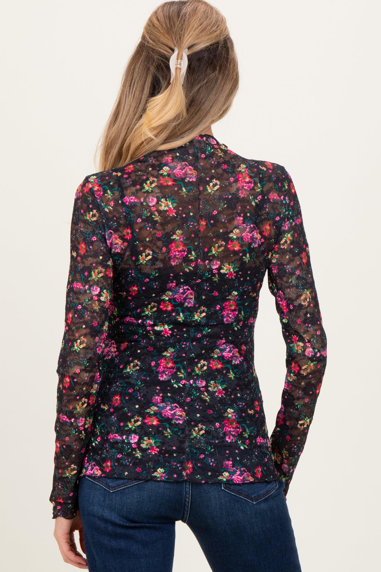 Black Floral Lace Long Sleeve Maternity Top