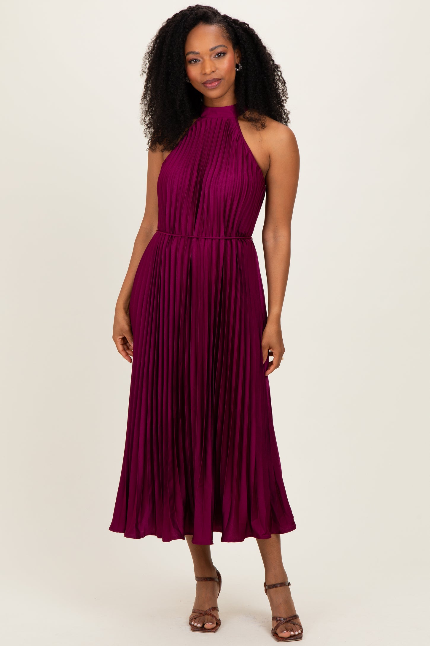 Magenta Pleated Maternity Halter Dress