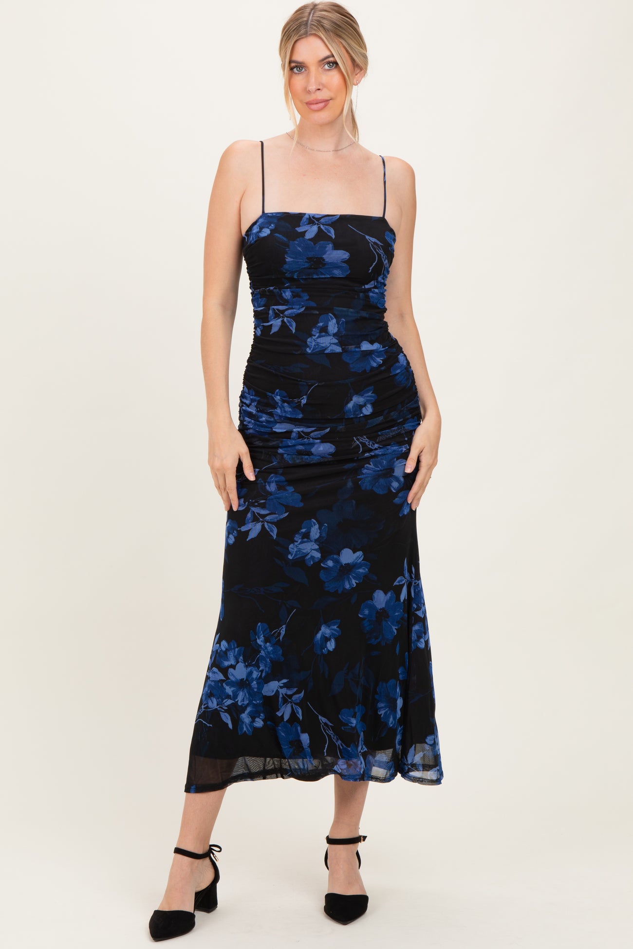 Black Floral Ruched Mesh Maternity Maxi Dress