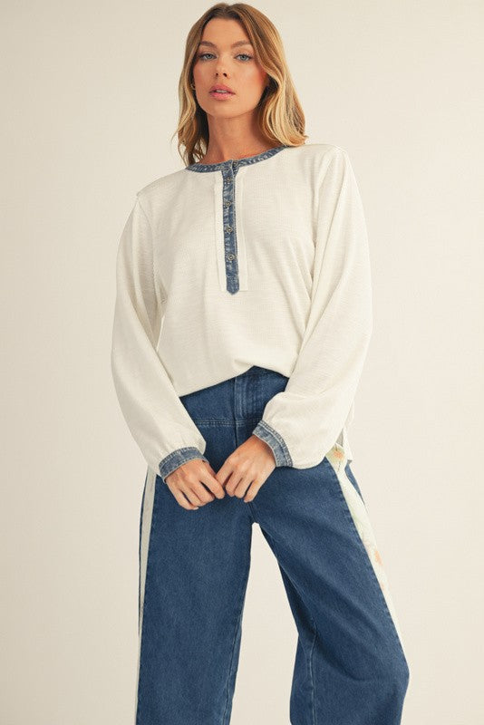 White Rib Knit Casual Maternity Henley Top