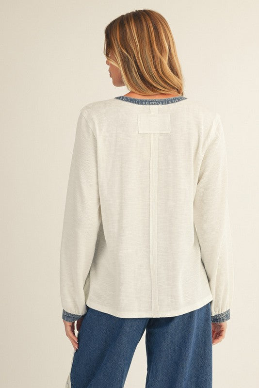 White Rib Knit Casual Henley Top