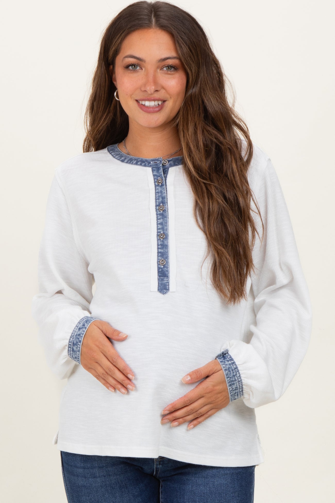 White Rib Knit Casual Maternity Henley Top