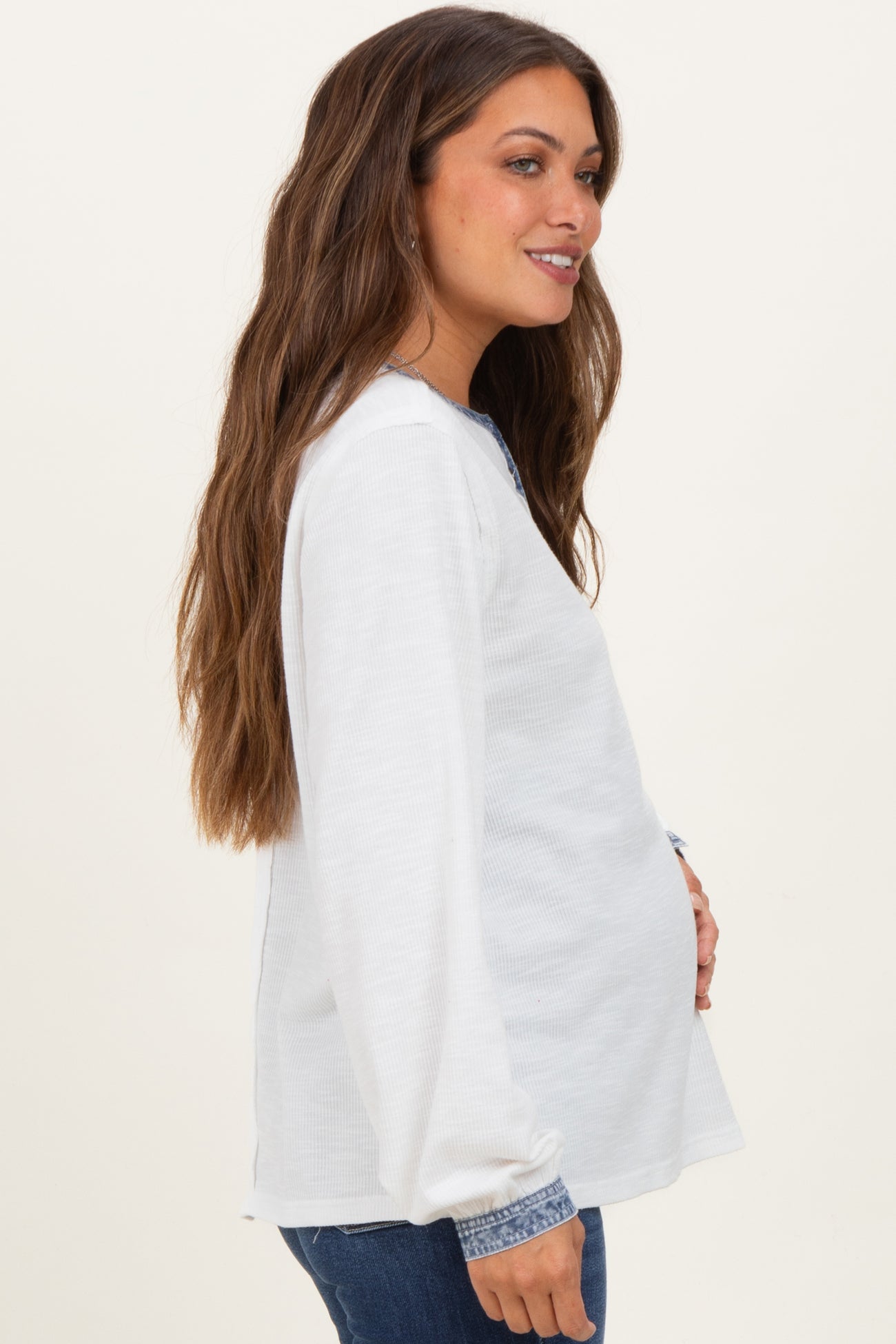 White Rib Knit Casual Maternity Henley Top