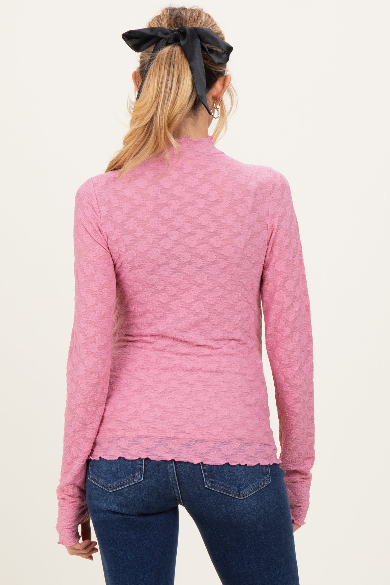 Mauve Thumbhole Sleeves Mock Neck Lace Maternity Top