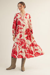 Cream/Red Big Floral Print Midi Dress