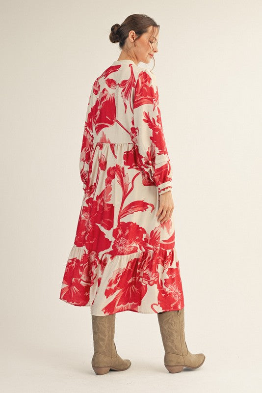 Cream/Red Big Floral Print Midi Dress
