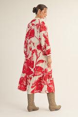 Cream/Red Big Floral Print Midi Dress