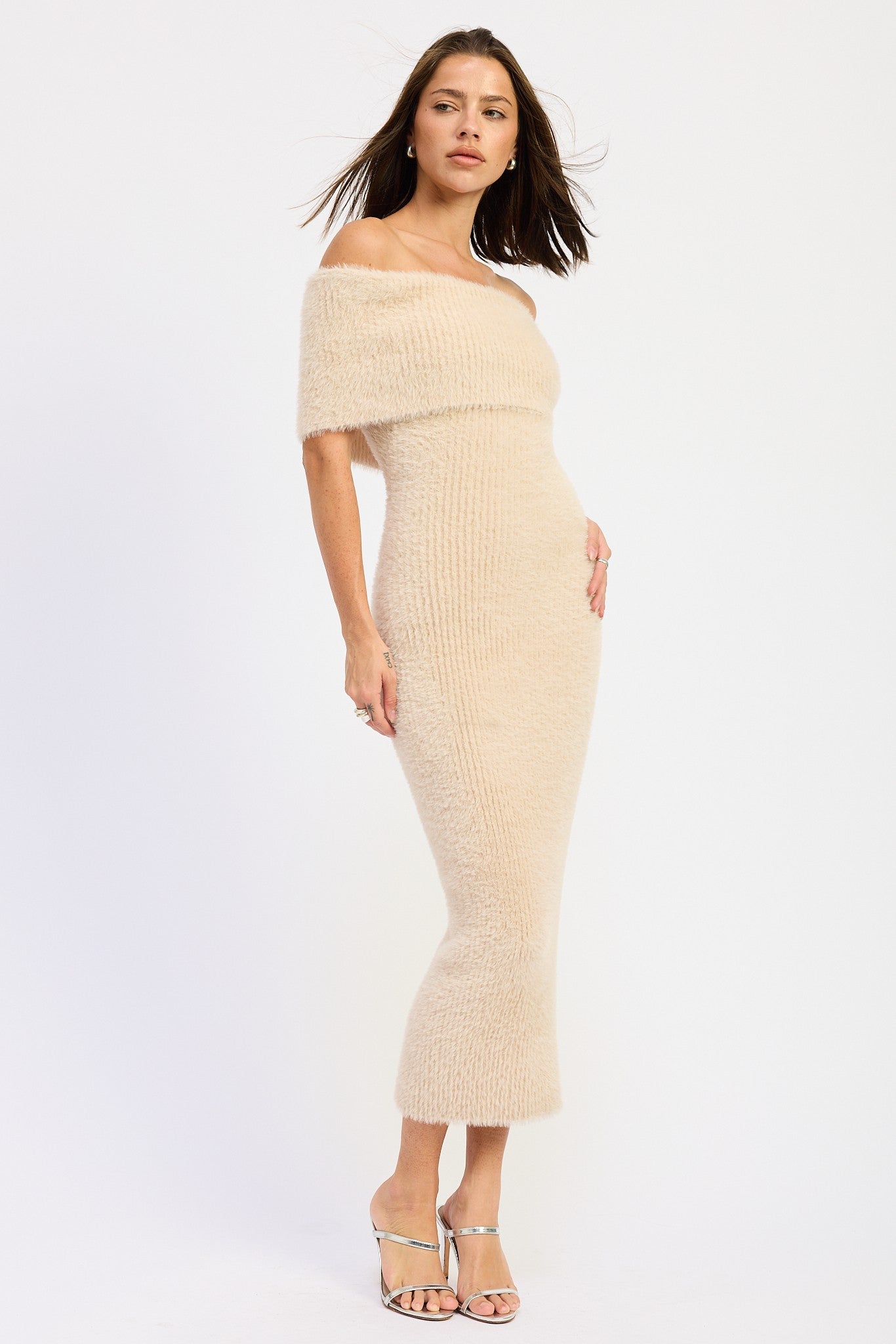 Cream Fuzzy Knit Off Shoulder Midi Dress