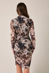 Brown Floral Mesh Overlay Ruched Dress