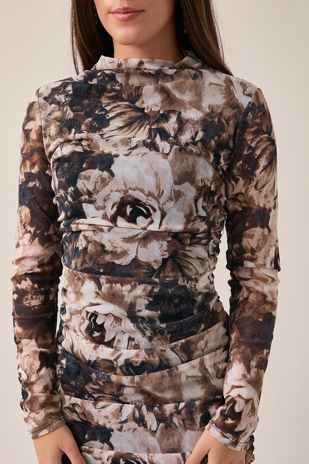 Brown Floral Mesh Overlay Ruched Dress
