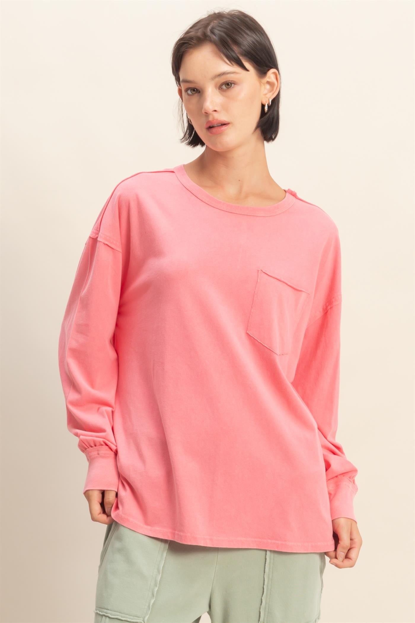 Pink Oversized Washed Long Sleeve Pocket Maternity Top