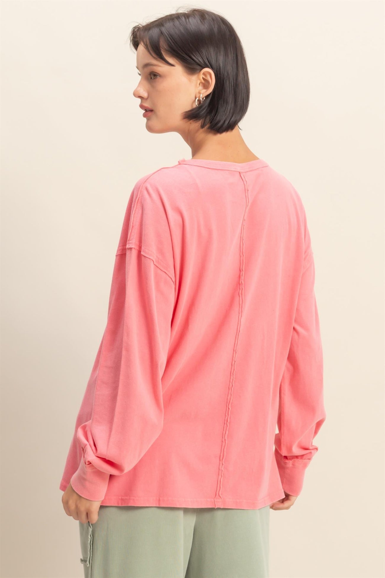 Pink Oversized Washed Long Sleeve Pocket Top