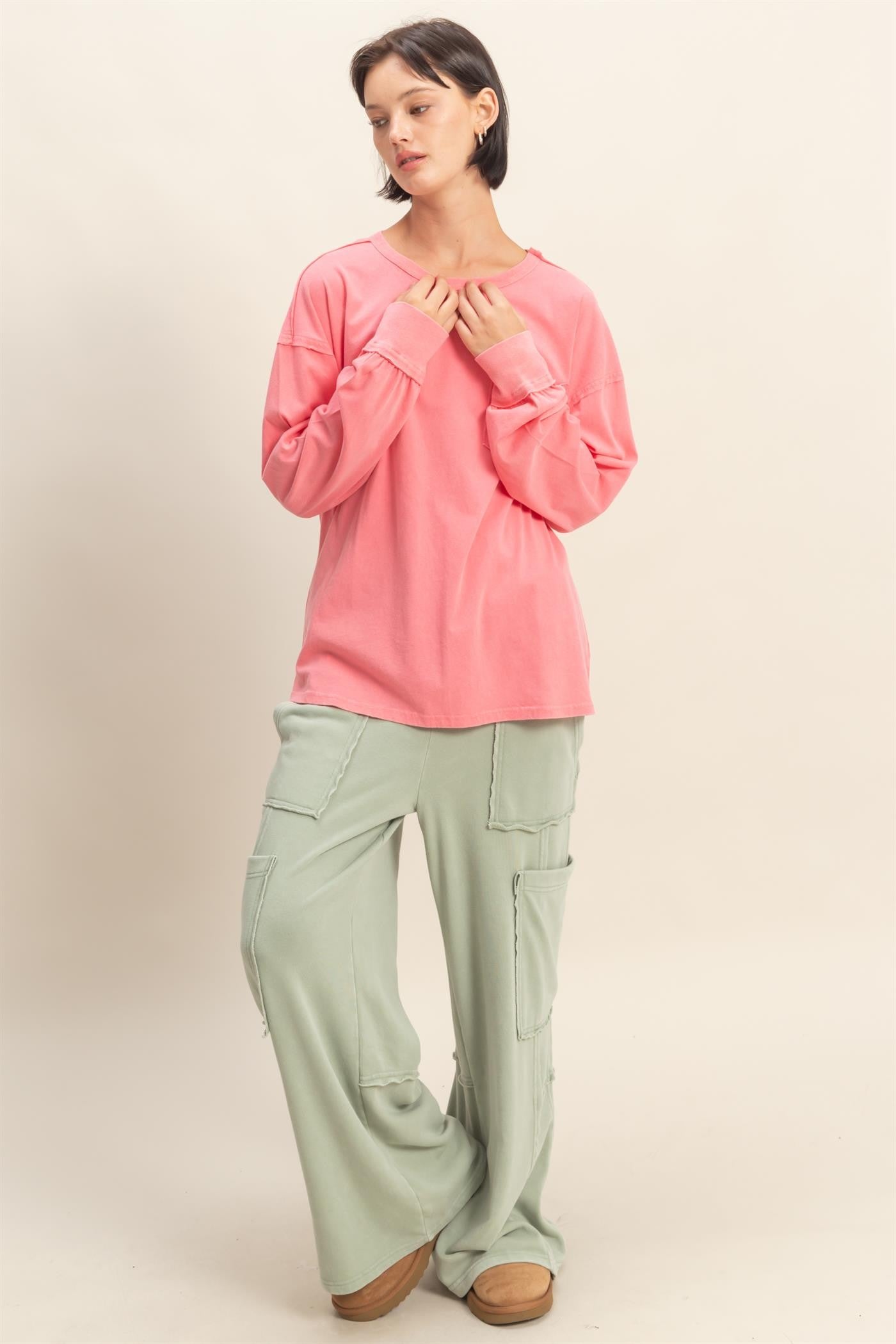 Pink Oversized Washed Long Sleeve Pocket Top