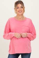 Pink Oversized Washed Long Sleeve Pocket Maternity Top