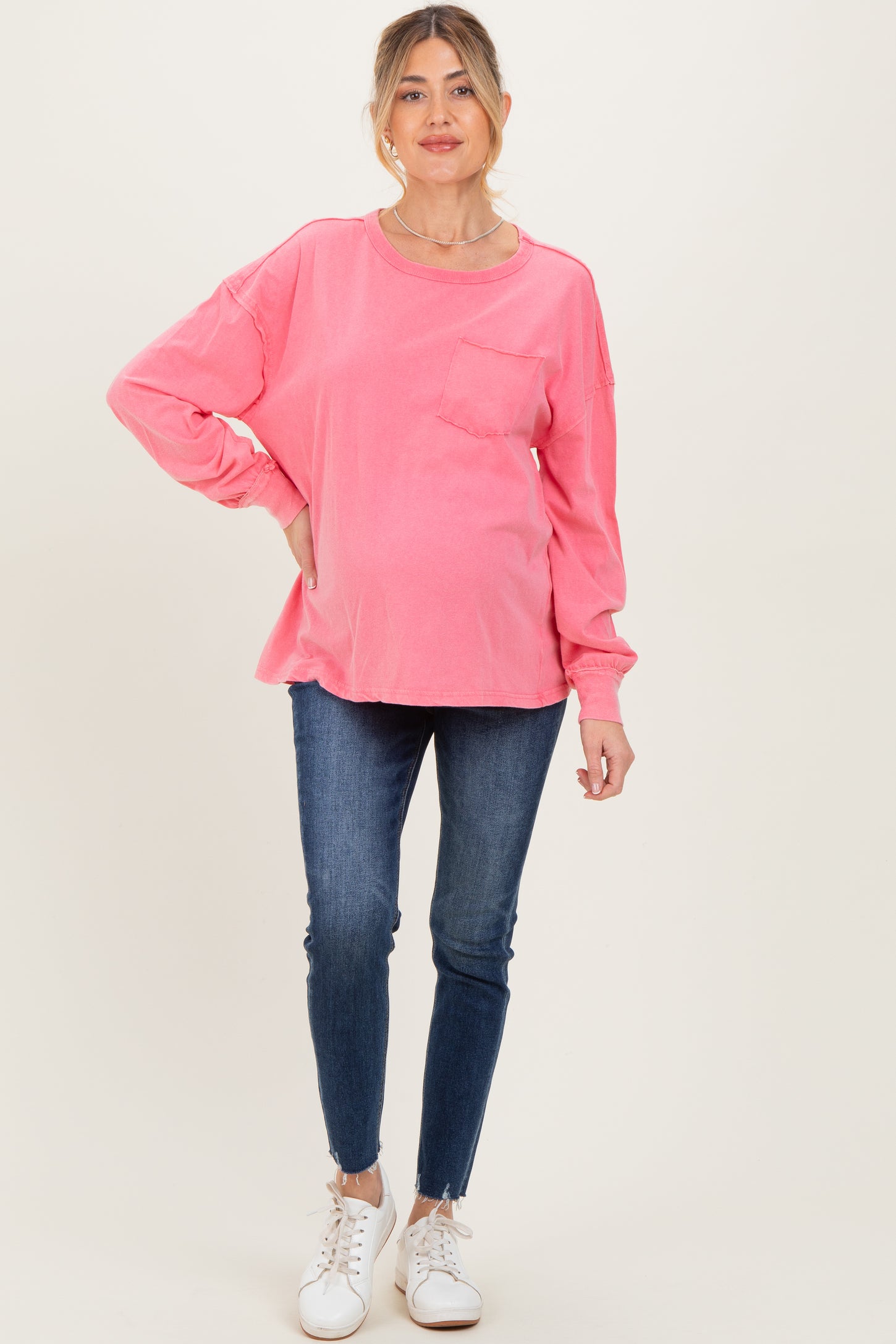 Pink Oversized Washed Long Sleeve Pocket Maternity Top
