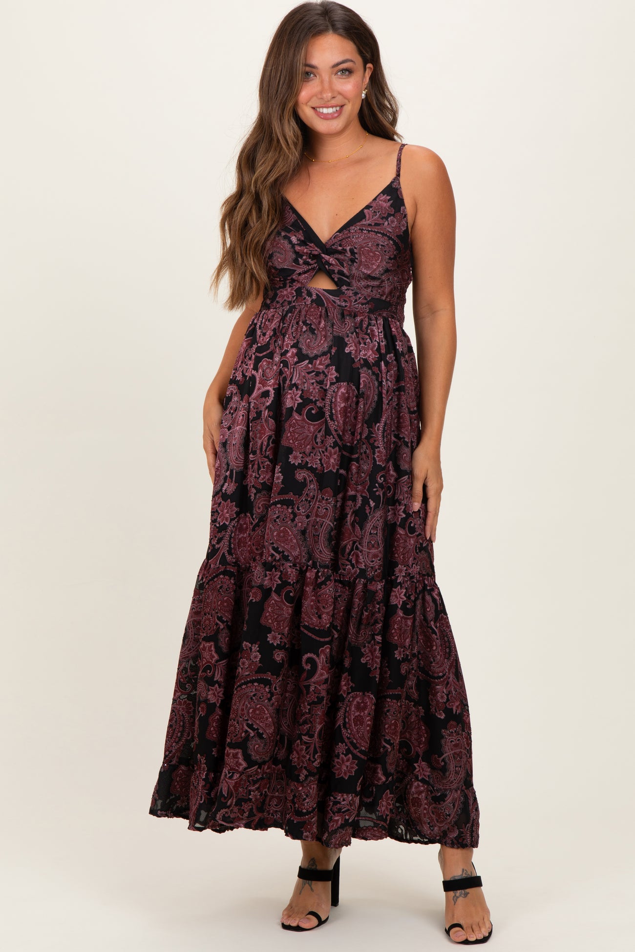 Black Paisley Sleeveless Twist Front Maternity Maxi Dress