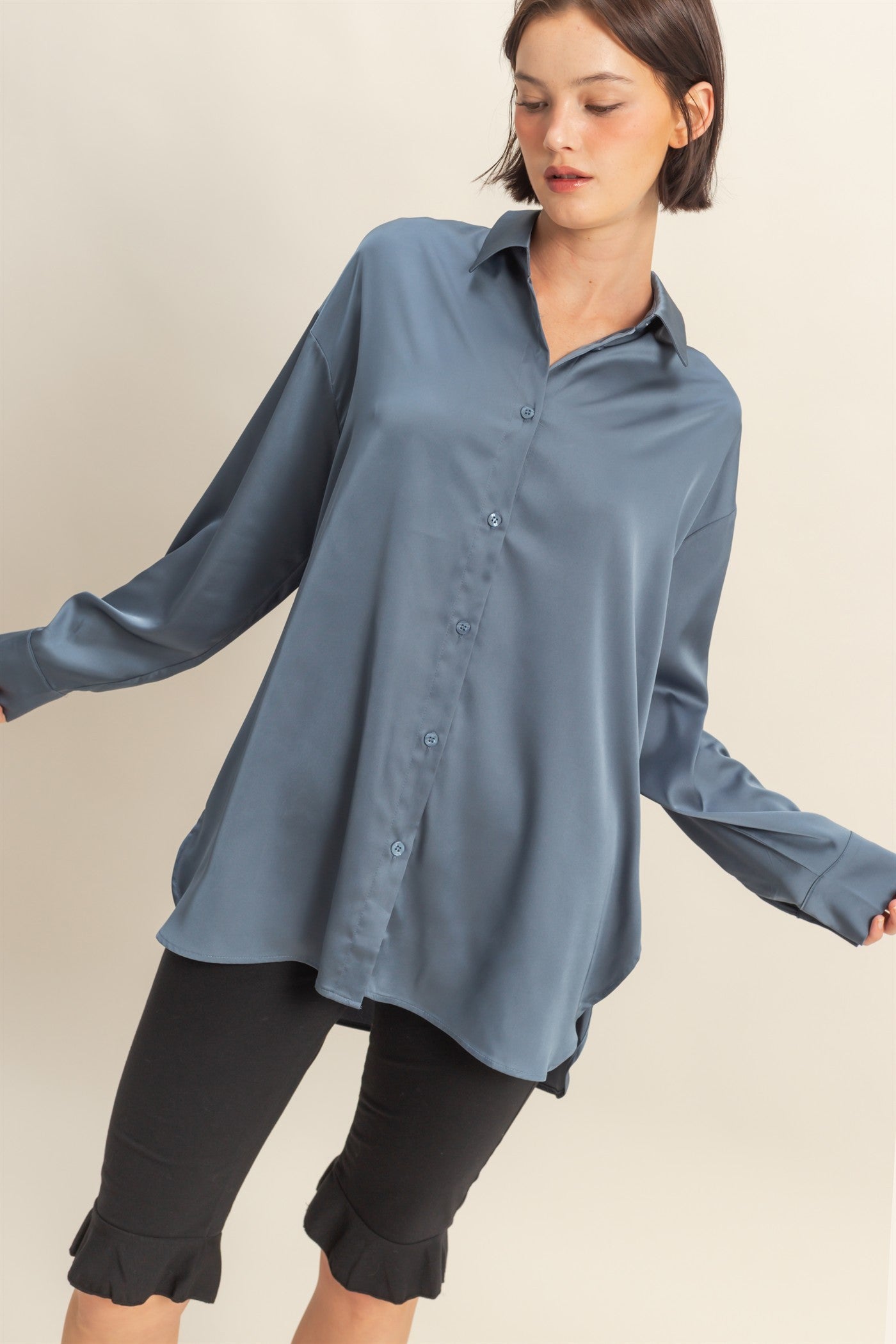 Navy Long Sleeve Oversized Satin Maternity Shirt