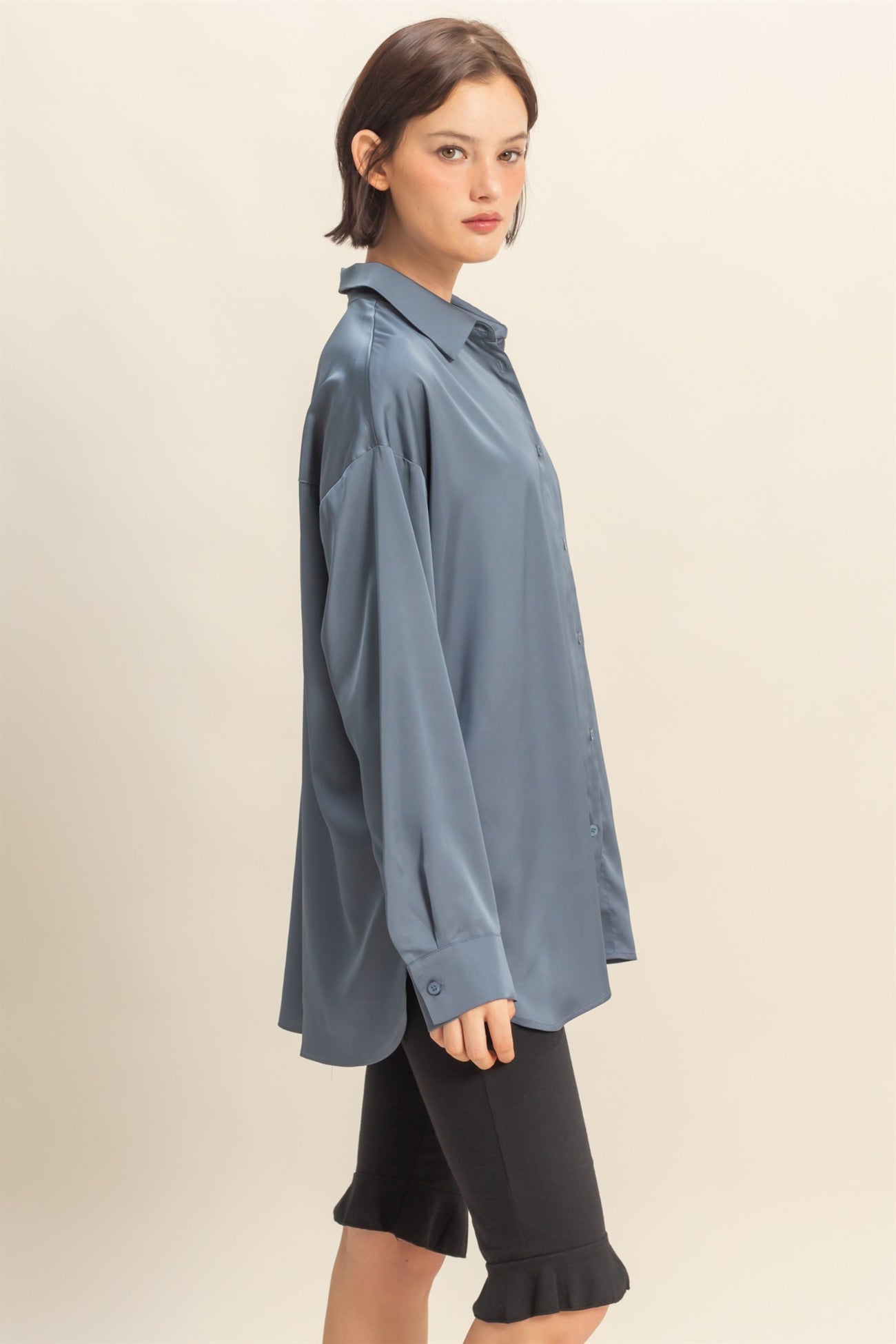 Navy Long Sleeve Oversized Satin Maternity Shirt