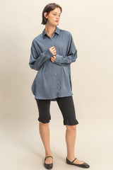Navy Long Sleeve Oversized Satin Maternity Shirt