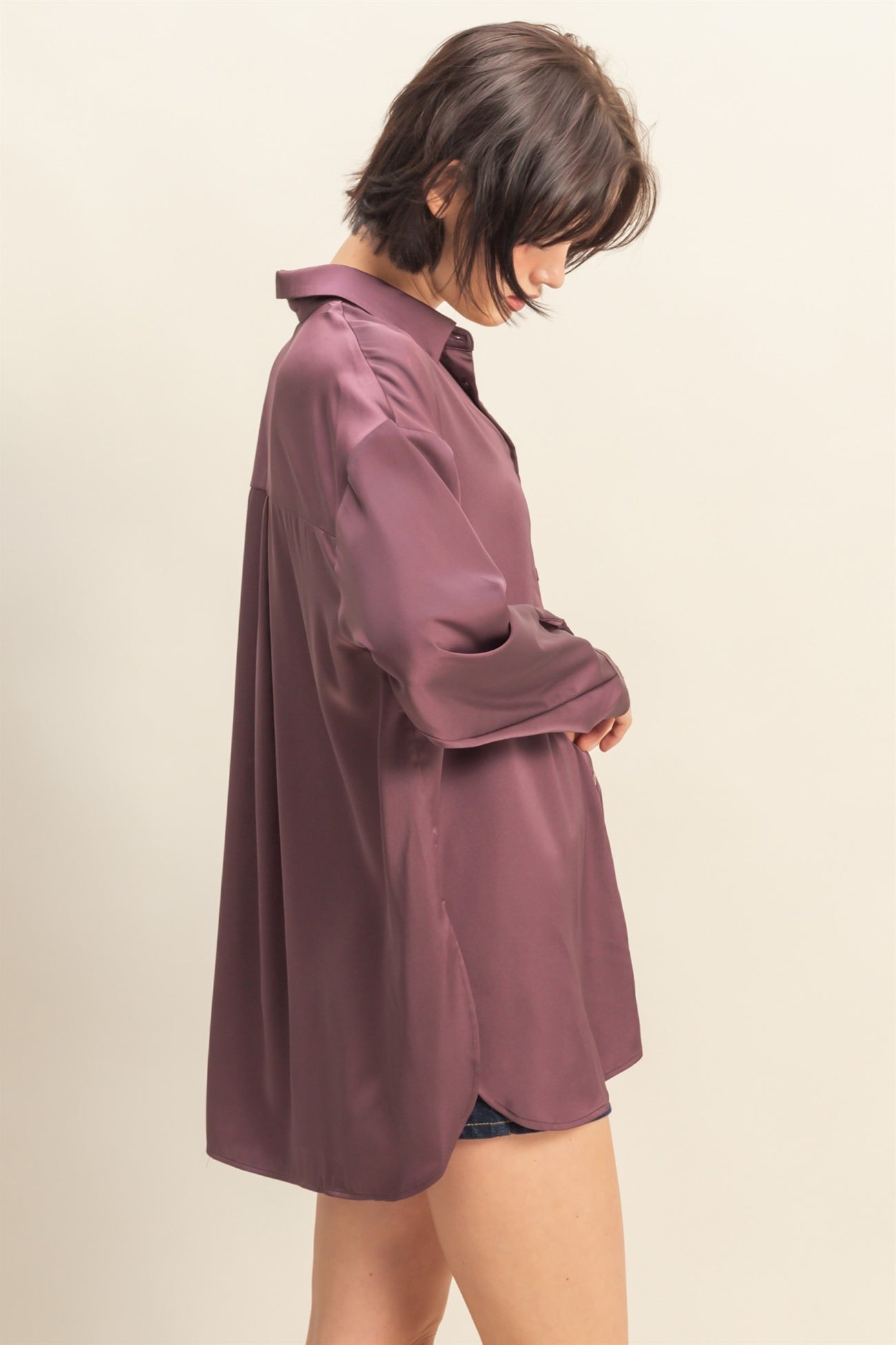 Burgundy Long Sleeve Oversized Satin Maternity Shirt
