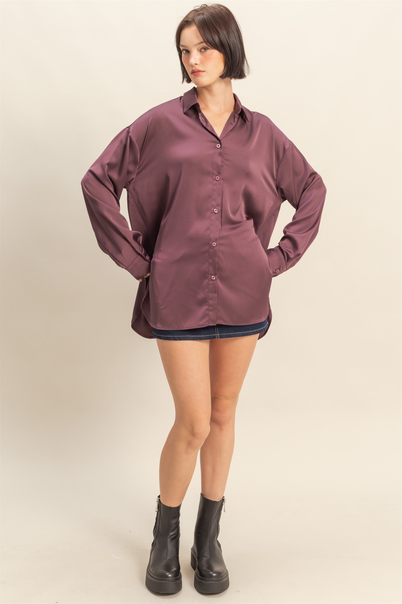 Burgundy Long Sleeve Oversized Satin Maternity Shirt