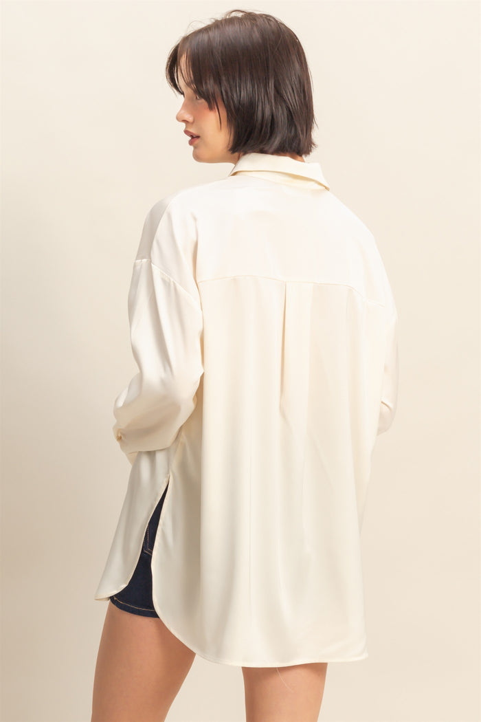 Cream Long Sleeve Oversized Satin Maternity Shirt