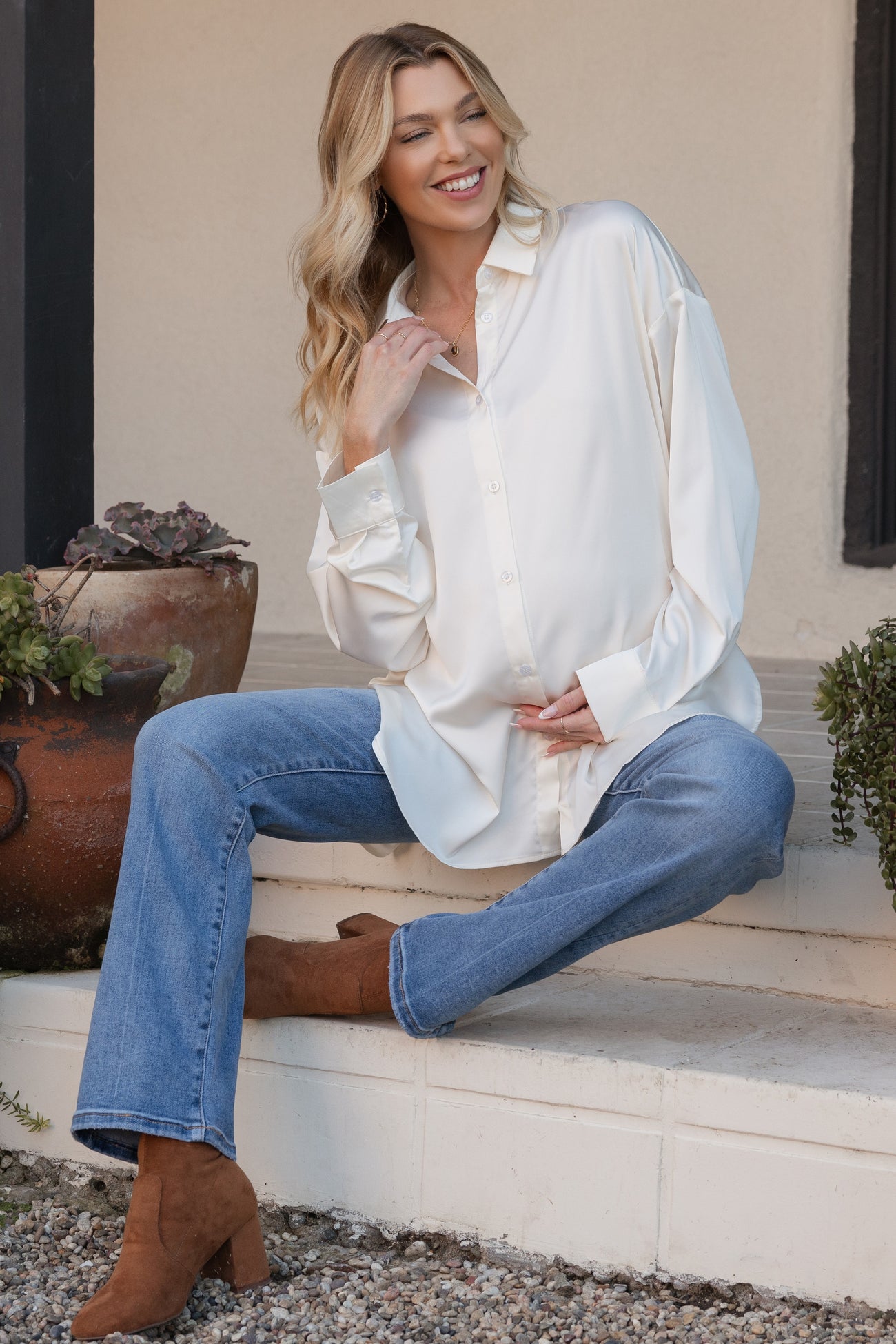Cream Long Sleeve Oversized Satin Maternity Shirt