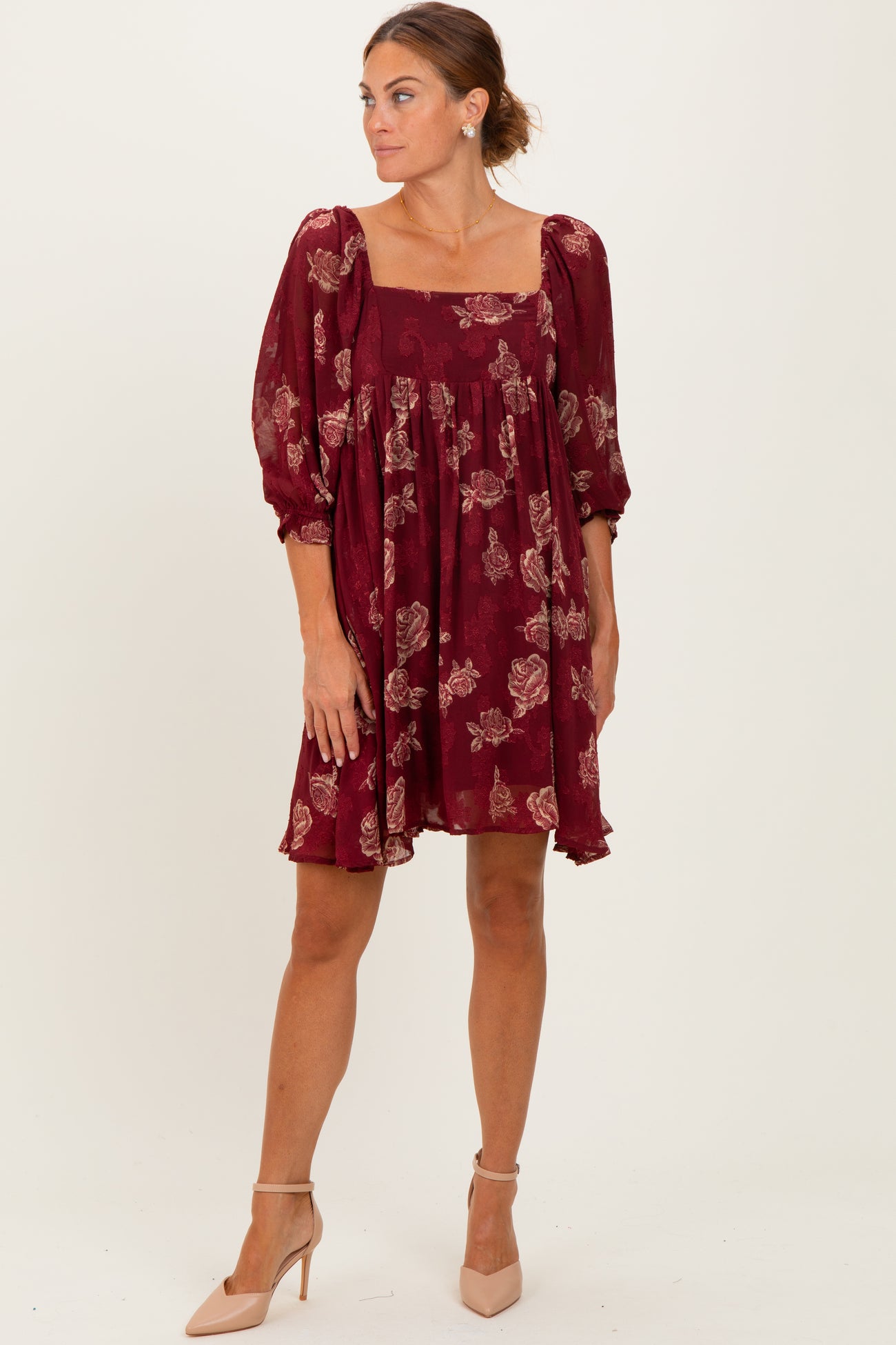 Burgundy Floral Jacquard 3/4 Sleeve Dress