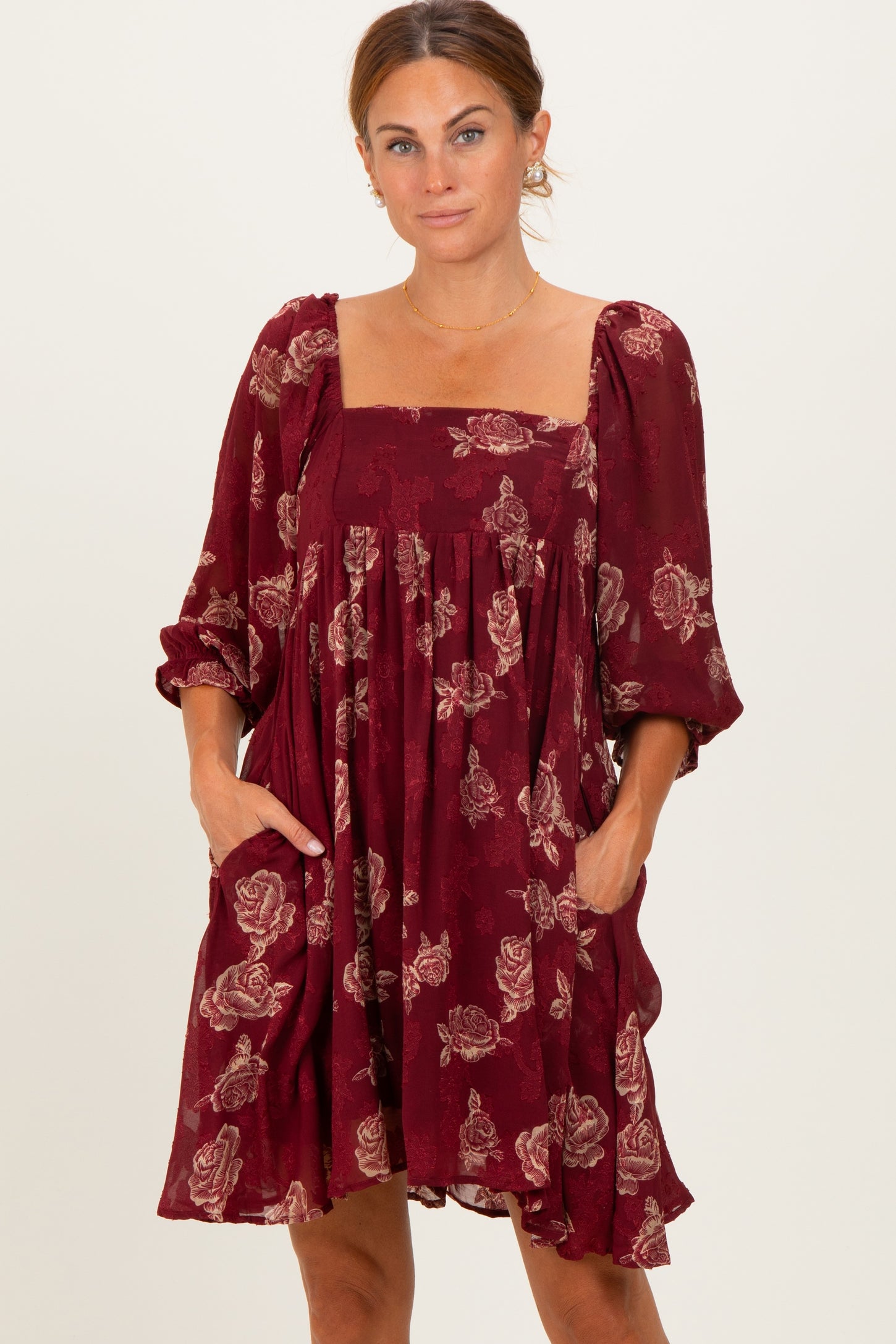 Burgundy Floral Jacquard 3/4 Sleeve Maternity Dress