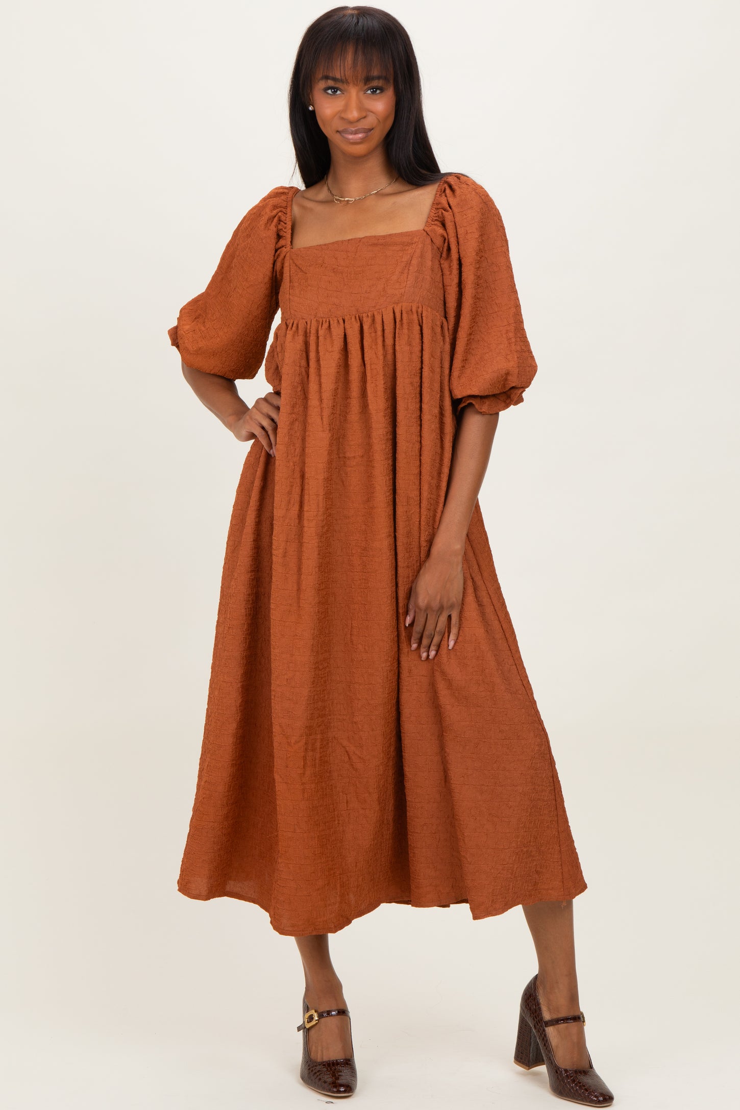 Rust Textured 3/4 Puff Sleeve Maternity Maxi Dress