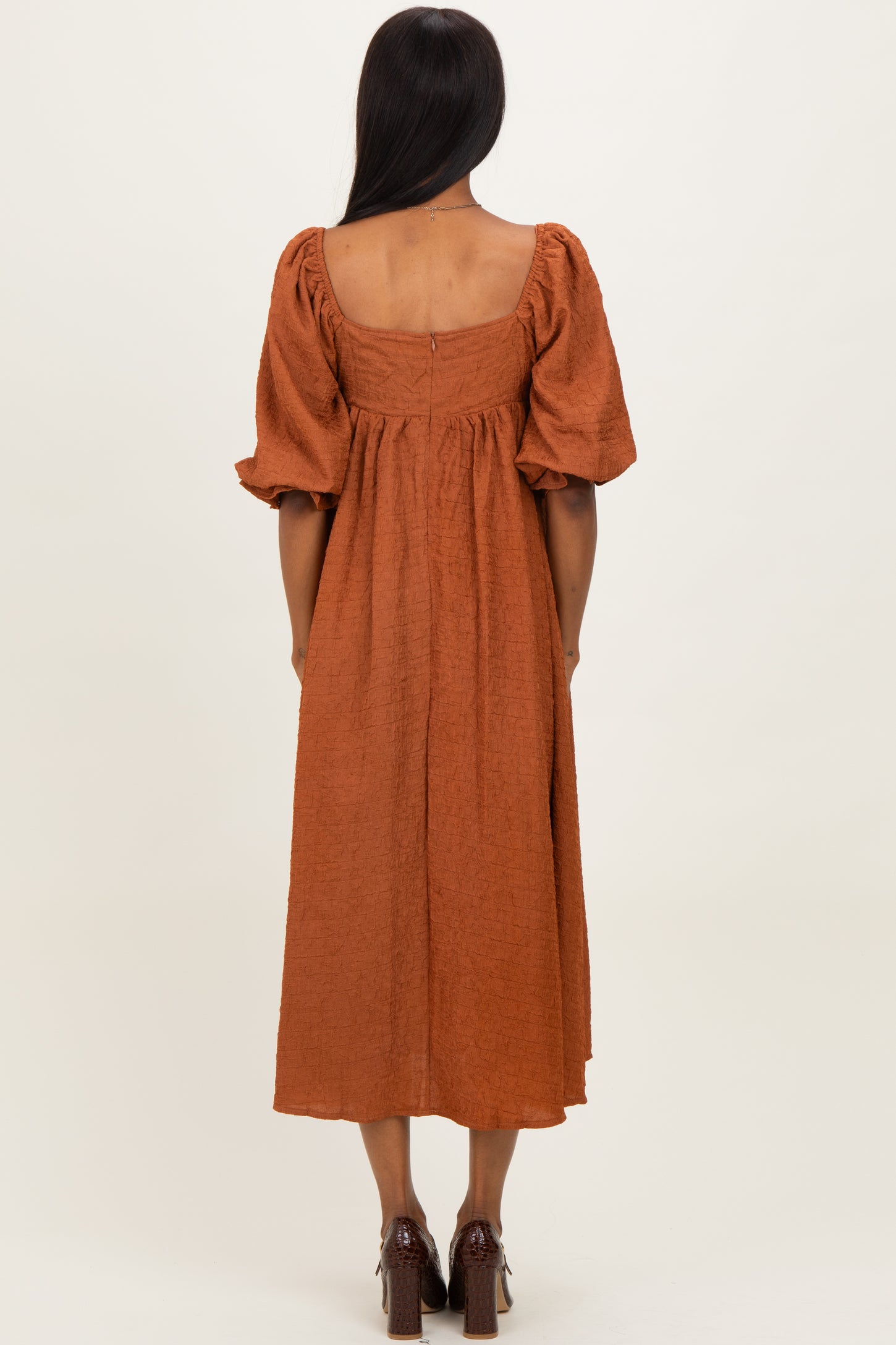 Rust Textured 3/4 Puff Sleeve Maxi Dress