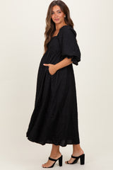 Black Textured 3/4 Puff Sleeve Maternity Maxi Dress