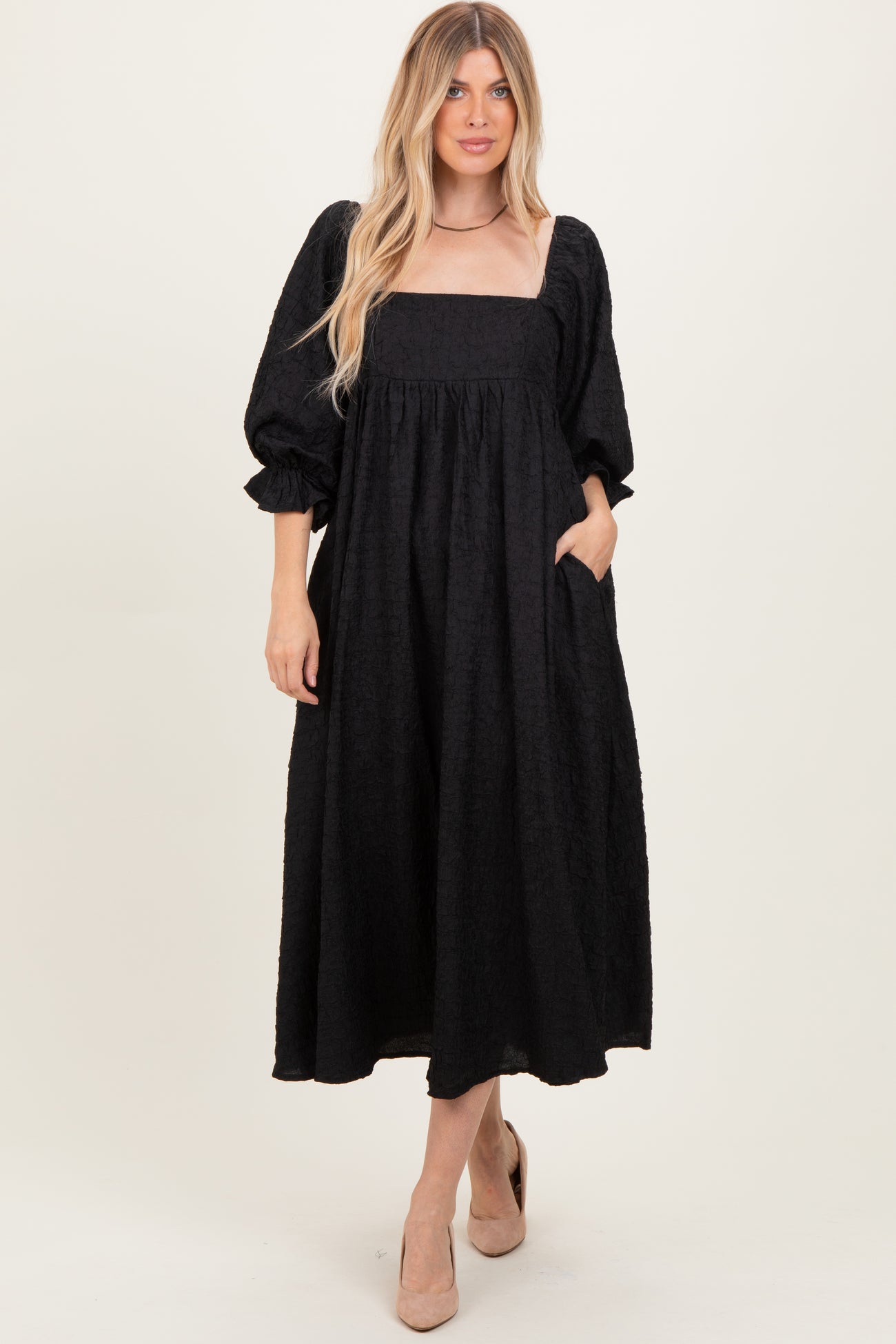 Black Textured 3/4 Puff Sleeve Maxi Dress