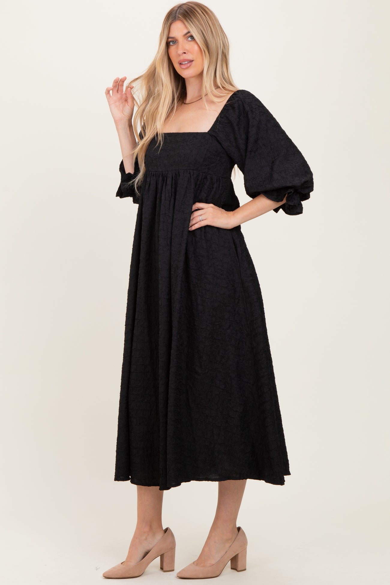 Black Textured 3/4 Puff Sleeve Maxi Dress