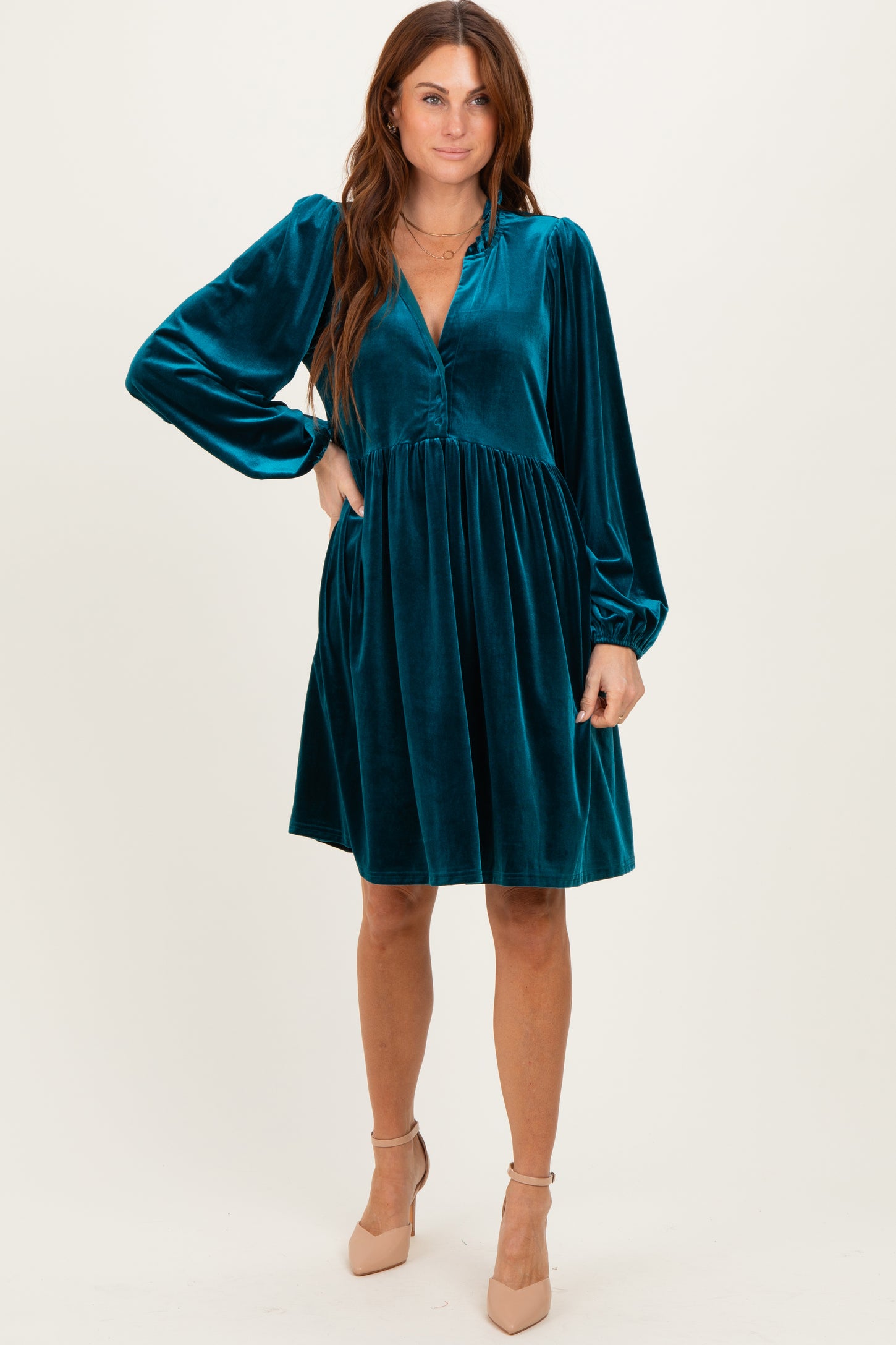 Deep Teal Velvet Button Up V-Neck Maternity Dress