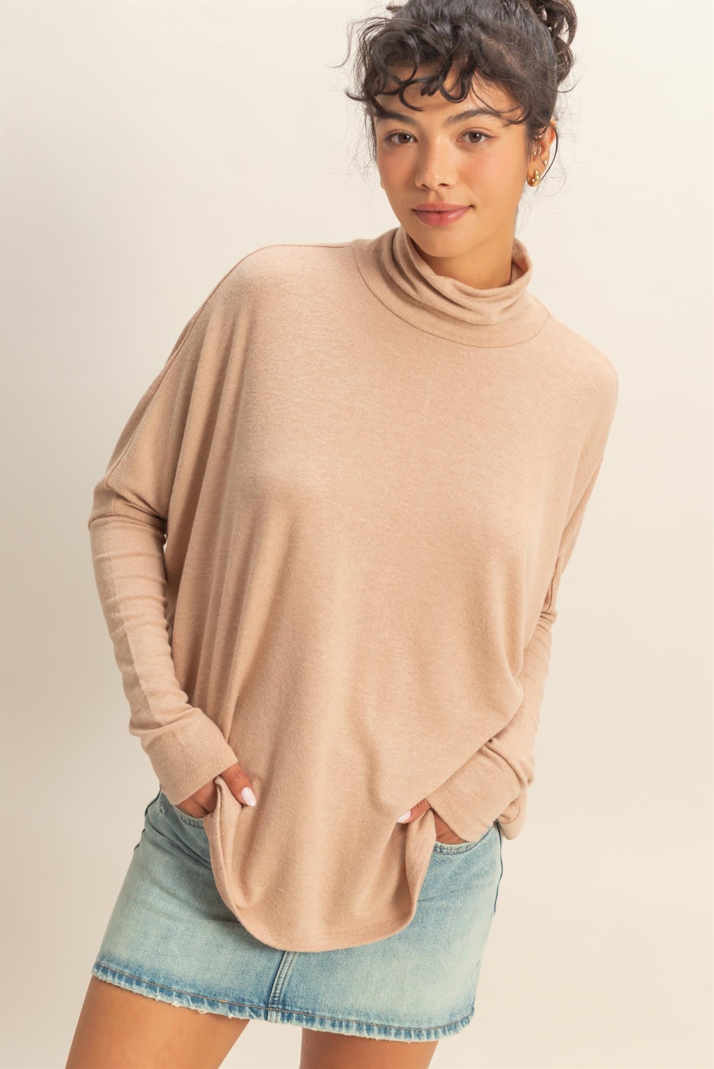 Taupe Draped Oversized Turtleneck Dolman Sleeve Maternity Top