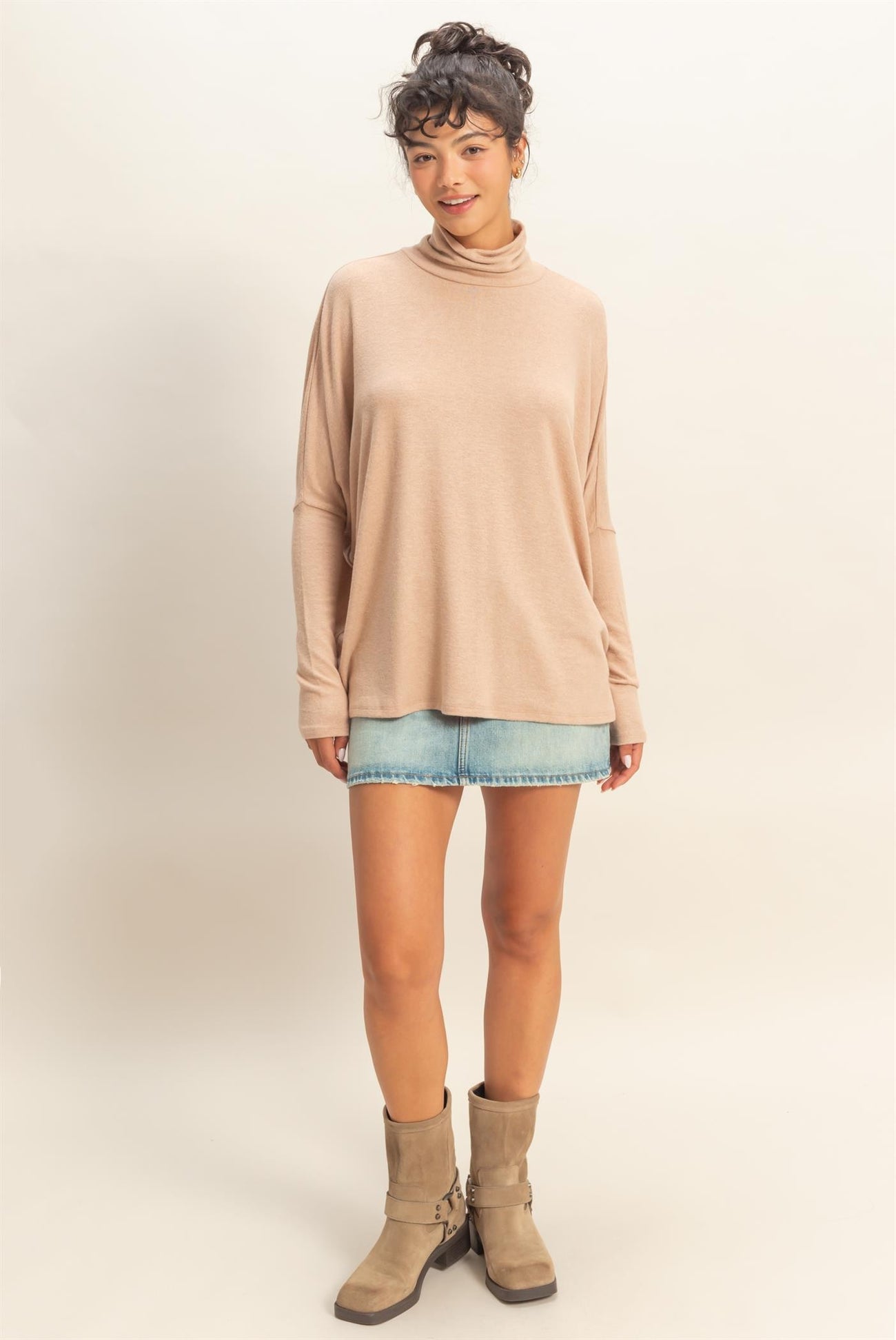 Taupe Draped Oversized Turtleneck Dolman Sleeve Top