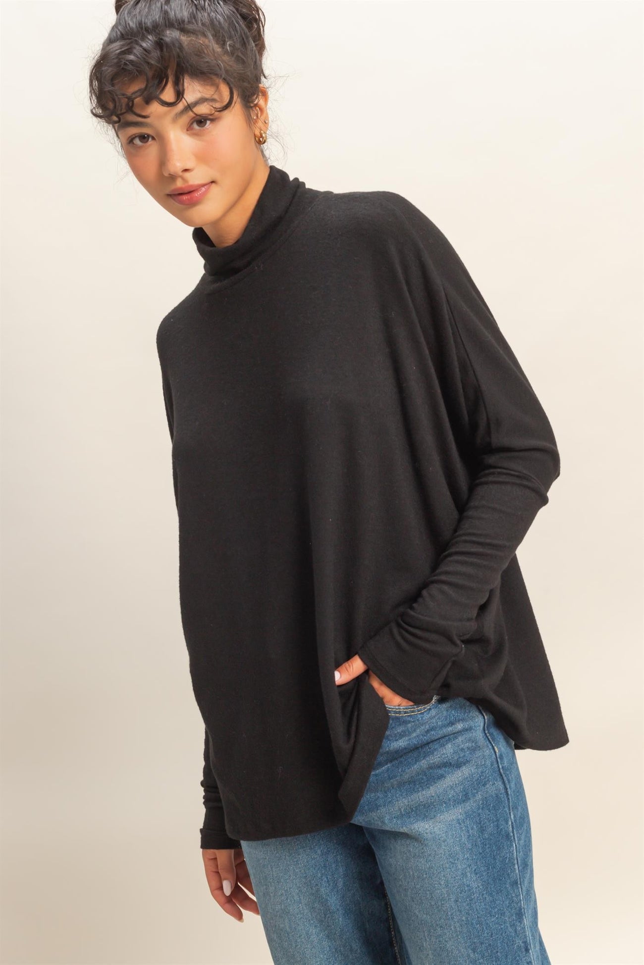 Black Draped Oversized Turtleneck Dolman Sleeve Maternity Top