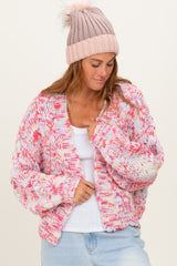 Pink Multicolor Chunky Knit Open Front Maternity Cardigan