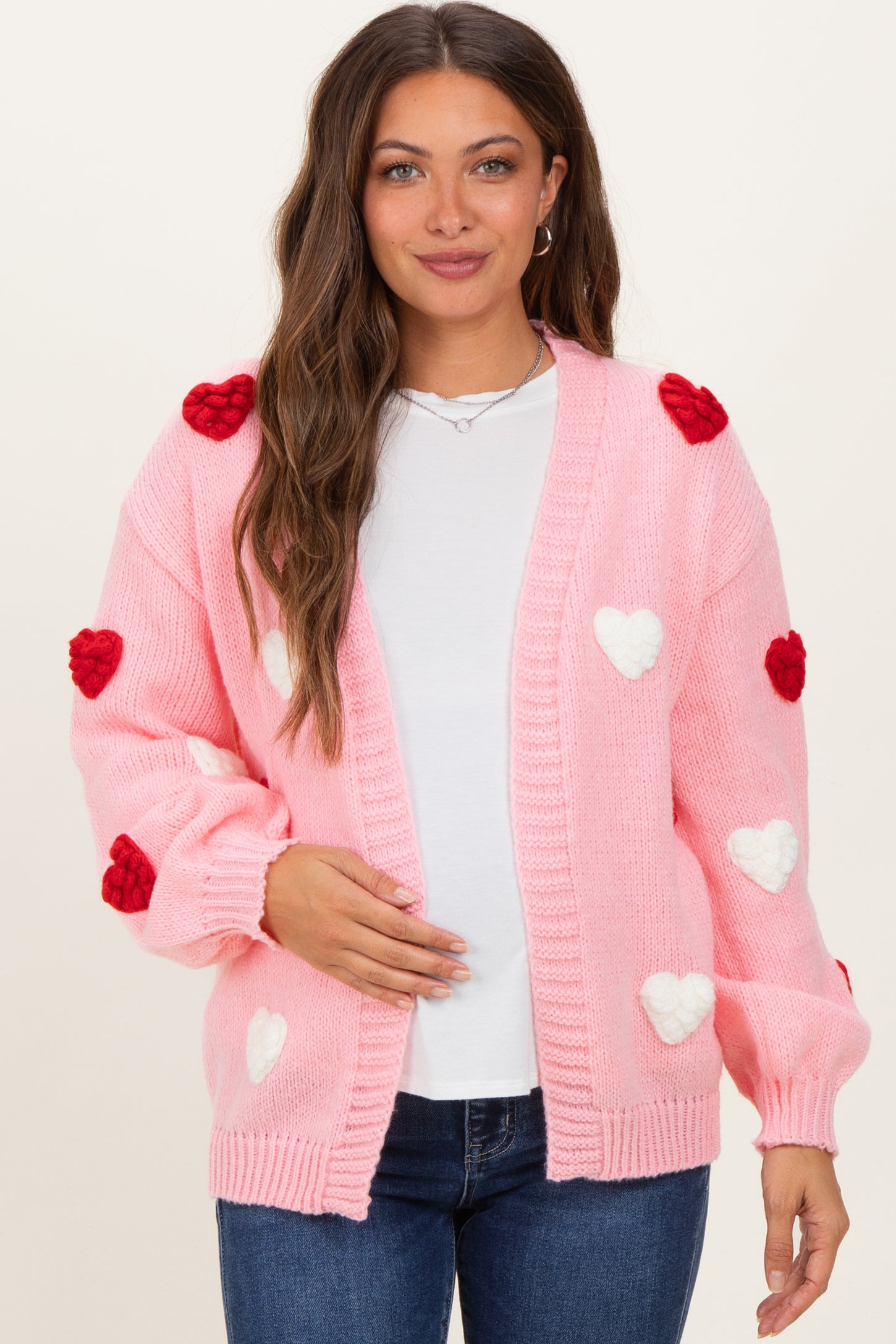 Light Pink Crochet Heart Patch Maternity Cardigan