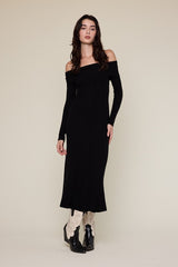 Black Ribbed Knit Off Shoulder Maternity Midi Dress