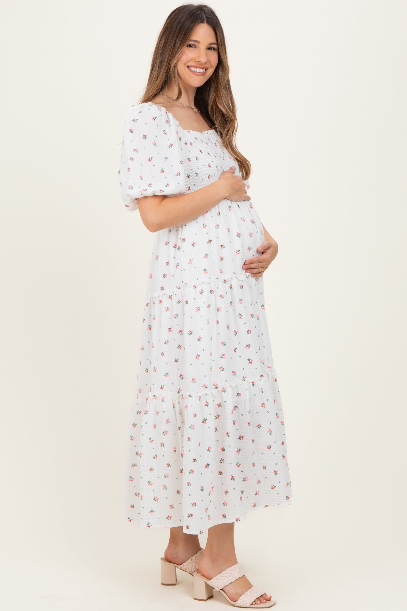 White Floral Puff Sleeve Tiered Maternity Maxi Dress