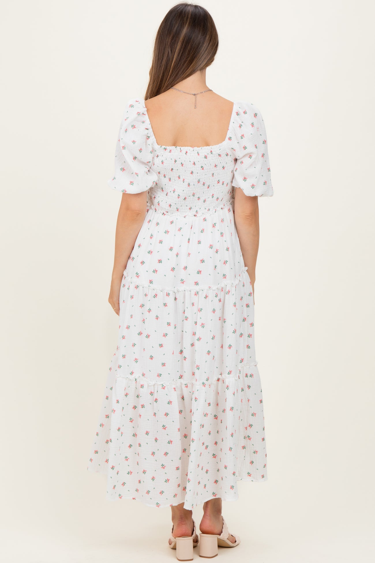 White Floral Puff Sleeve Tiered Maternity Maxi Dress