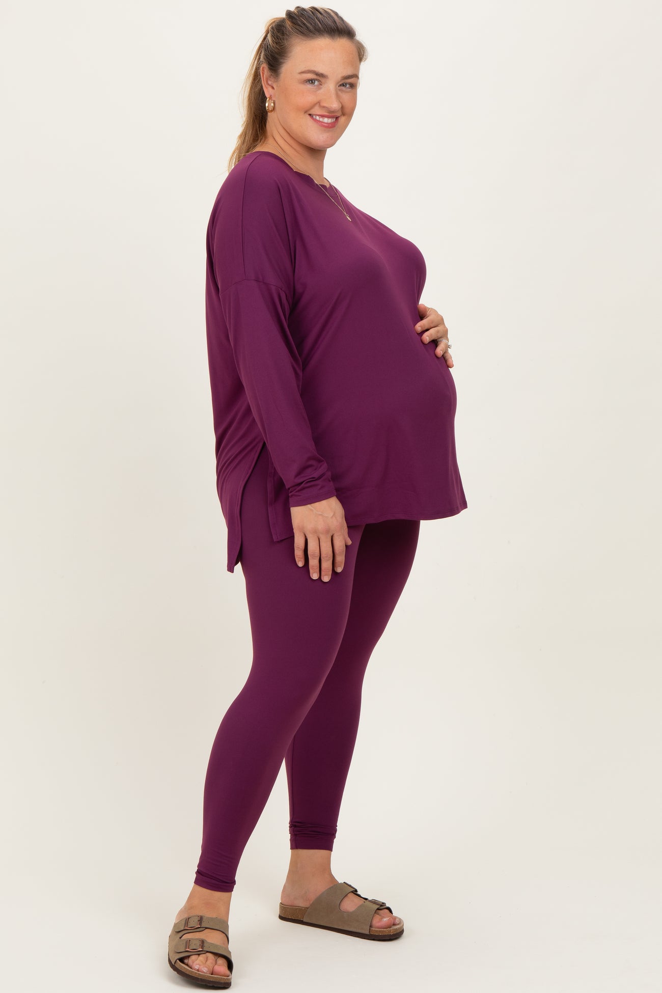 Plum Brushed Knit Oversized Top and Legging Maternity Plus Set