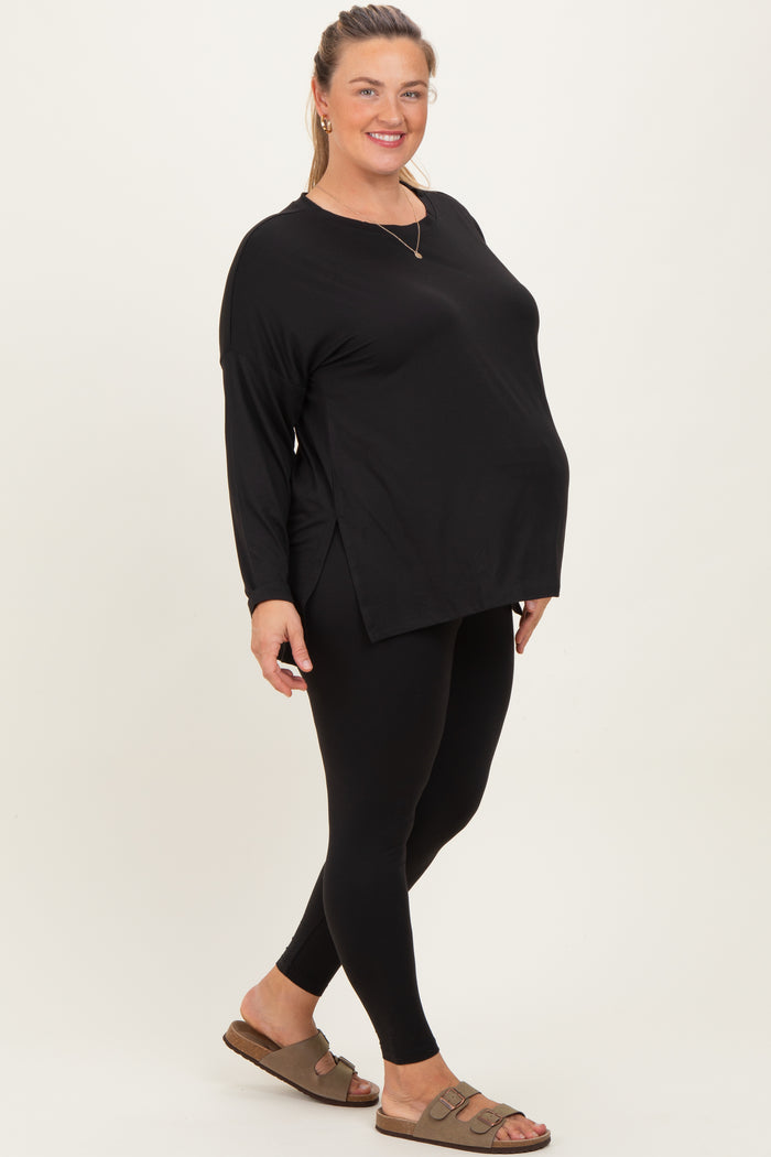 Black Brushed Knit Oversized Top and Legging Maternity Plus Set
