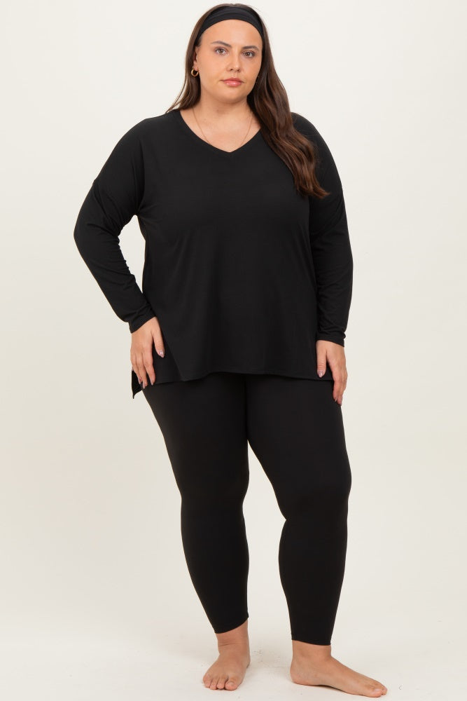 Black Brushed Knit Oversized Top and Legging Plus Set
