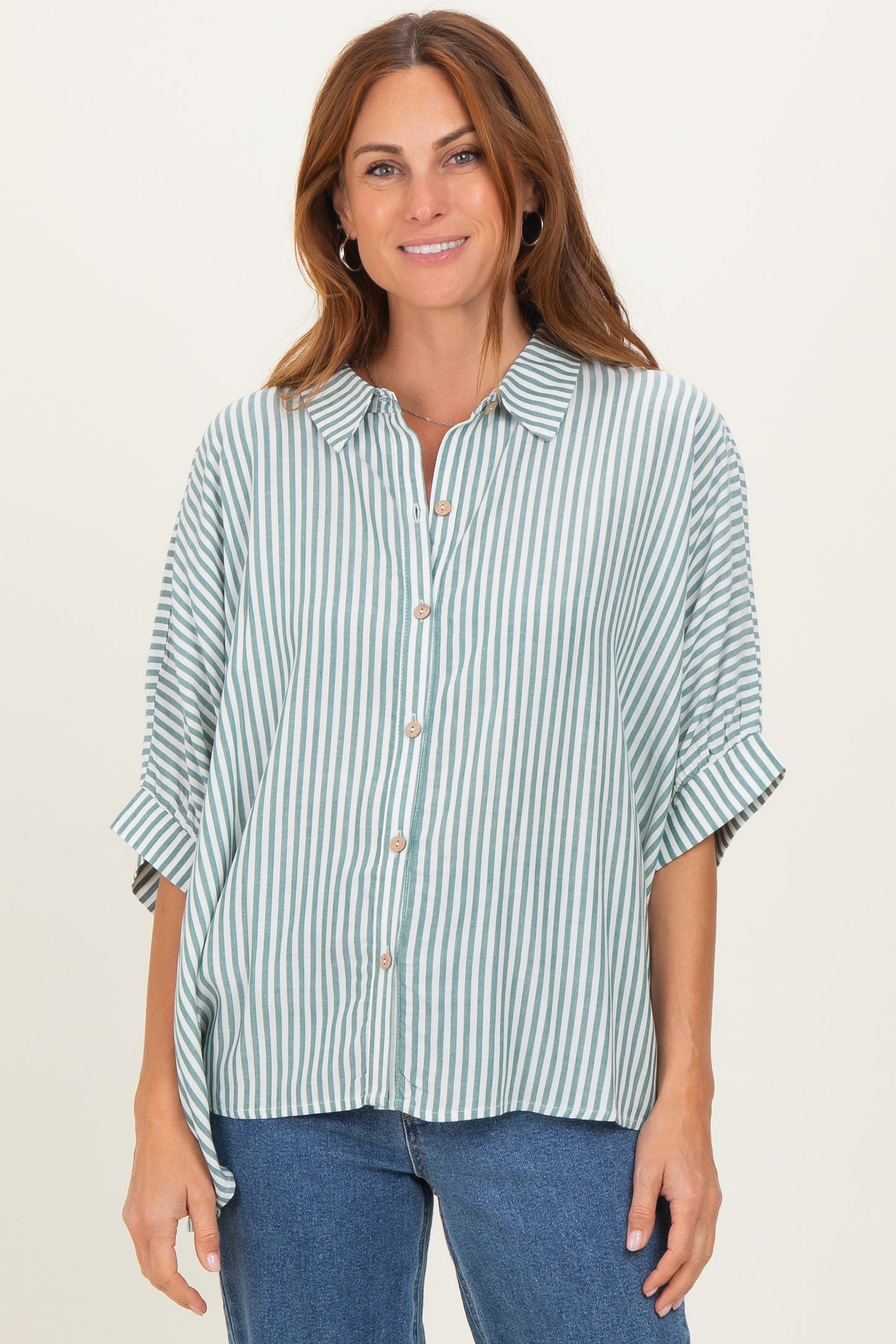 Forest Green Striped Button Up Dolman Maternity Top