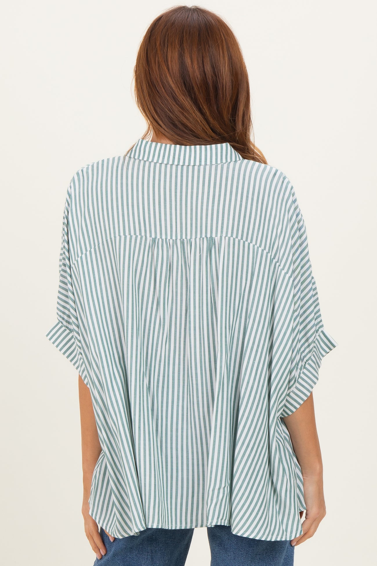 Forest Green Striped Button Up Dolman Top