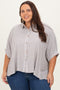 Brown Striped Button Up Short Dolman Sleeve Plus Top